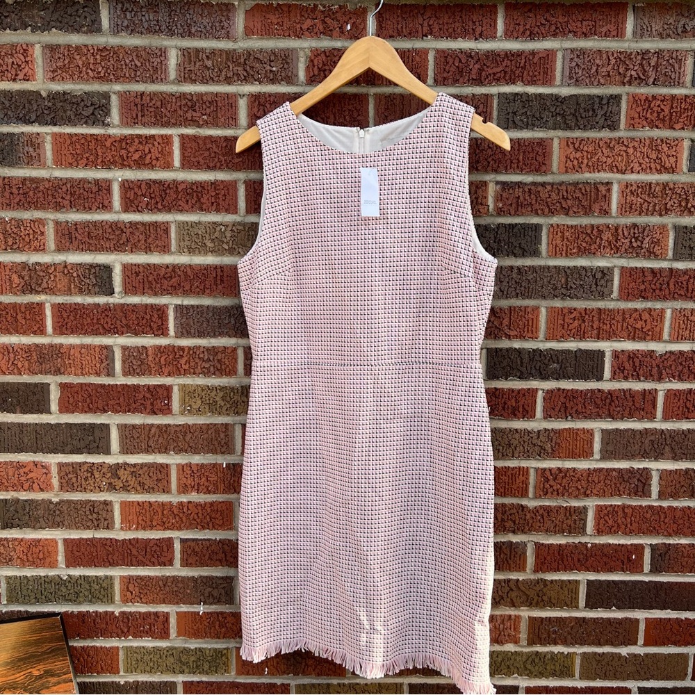 LOFT Pink White and Black Tweed Knit Fringe Hem Sleeveless Pencil Pinafore Dress